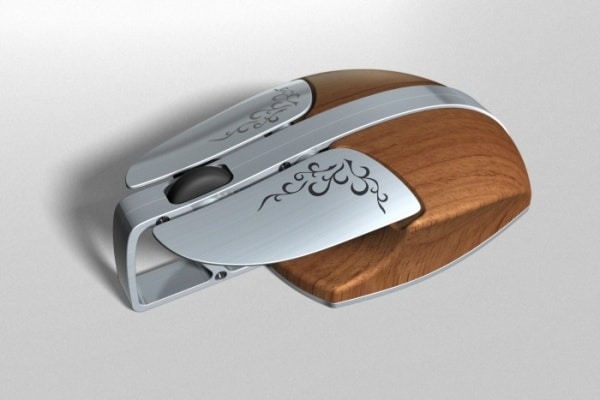 Sleek wooden mouse with silver accents and skeleton design.