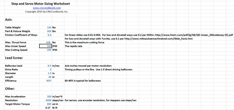 Worksheet with input fields for calculating step and servo motor sizing.