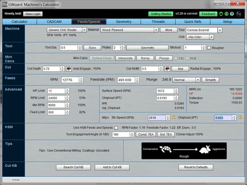 Screenshot of GWizard: Machinist's Calculator software Feeds/Speeds tab.