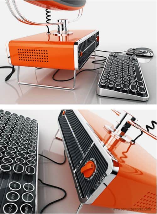 Retro television set with built-in computer keyboard on a white surface featuring an orange body and chrome accents.