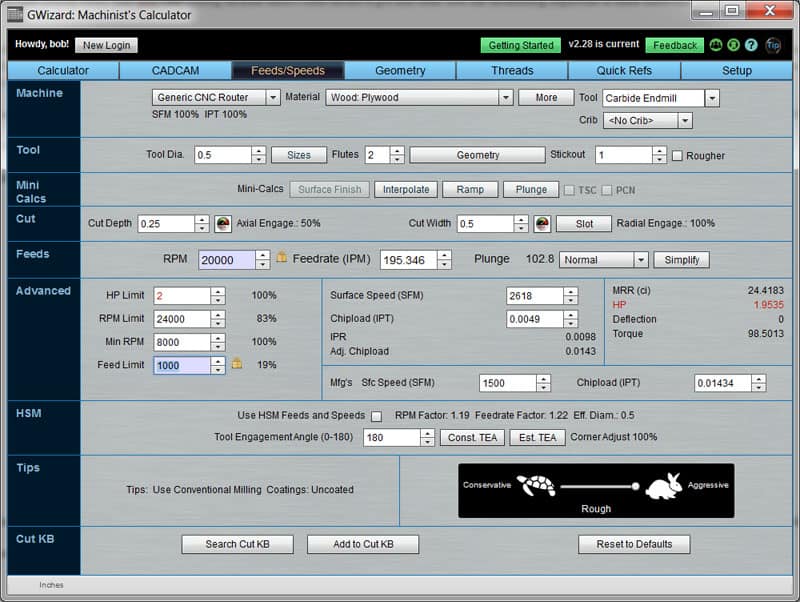 GWizard: Machinist's Calculator CAD software interface screenshot for machining parameter calculations.