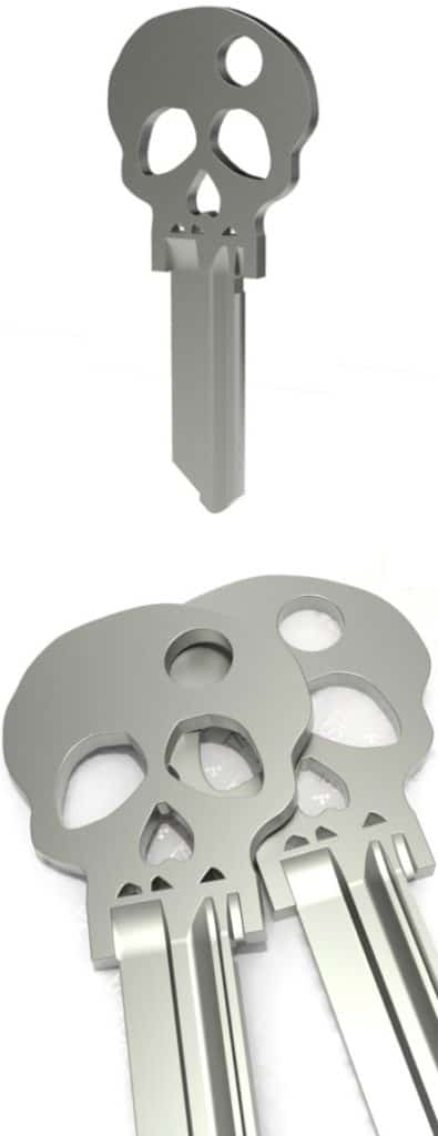 Silver keys shaped like skulls with varying angles and lighting effects.