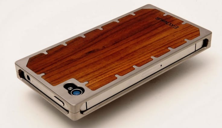 A smartphone case with a silver-metal frame and wooden top surface.