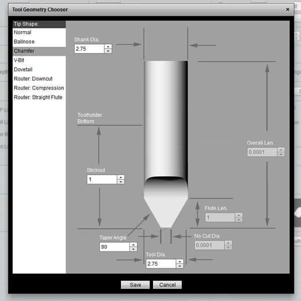Screenshot of a tool geometry chooser with chamfered corners and beveled edges.