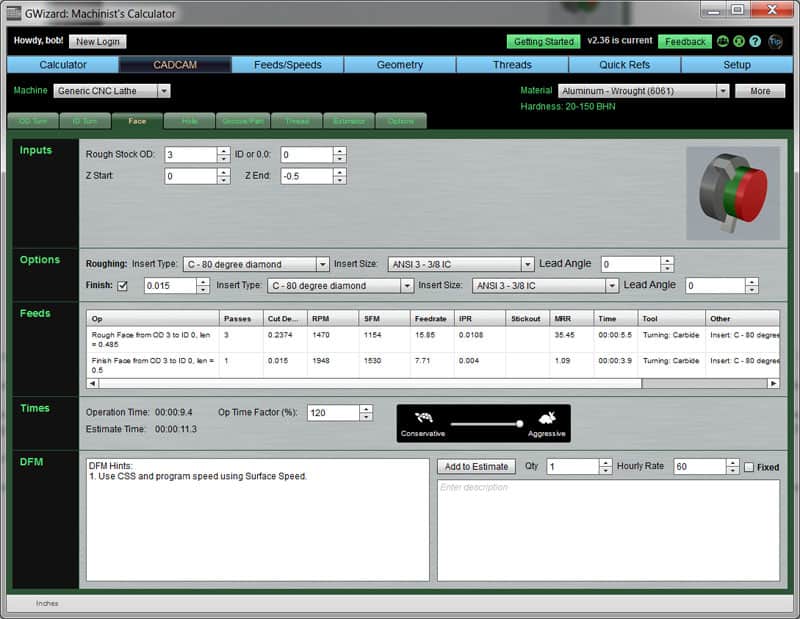 GWizard Machinist's Calculator tool screenshot.