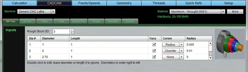 Machining software interface with input fields for OD Turn.