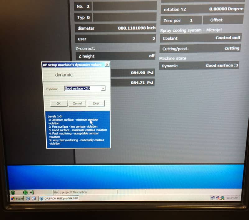 AP setup machine's dynamics window on a computer screen with settings menu and parameters.