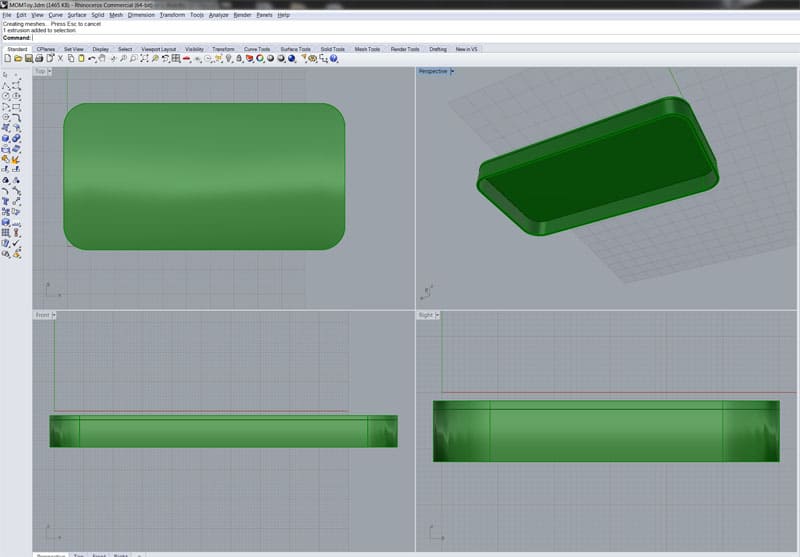 A 3D model of a rectangular object with rounded corners in various CAD views.