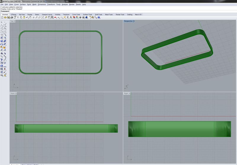 Computer-aided design (CAD) software screenshot with green rectangle on gray background.