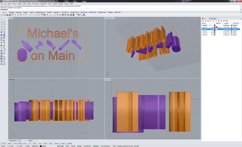 3D CAD software screenshot with purple logo and "Michael's on Main" text.