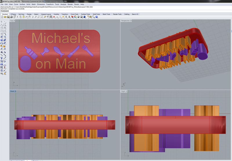 A 3D CAD model of a cookie cutter with red handle and purple blade displaying "Michael's on Main" in gold text.