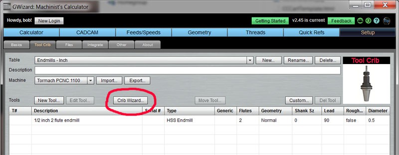 CNC Machining Tool Crib Wizard button on CNCCookbook.com website interface.