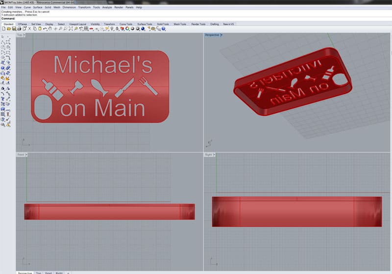 A 3D modeling software interface screenshot of a custom phone case design with red case, "Michael's on Main" text, and icons.
