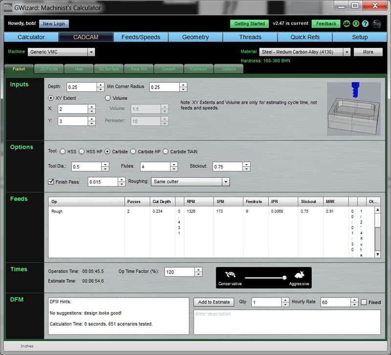 GWizard: Machinist's Calculator screenshot on CNCCookbook.com.