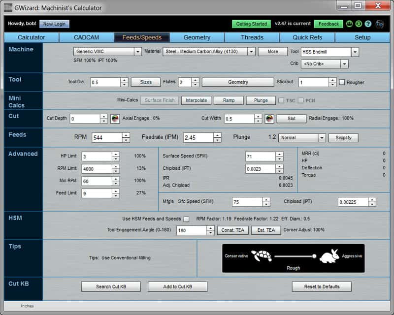 GWizard: Machinist's Calculator Feeds/Speeds feature screenshot with machine selection, tool input, mini calculations, cut depth, feeds, and advanced settings.