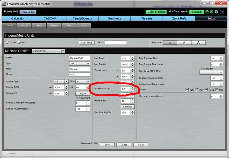 A screenshot of a computer screen displaying a GWizard: Machinist's Calculator interface with a table and dropdown menus.