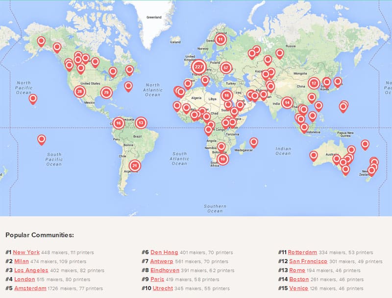 Red markers on a world map indicating 3D printing hub locations.