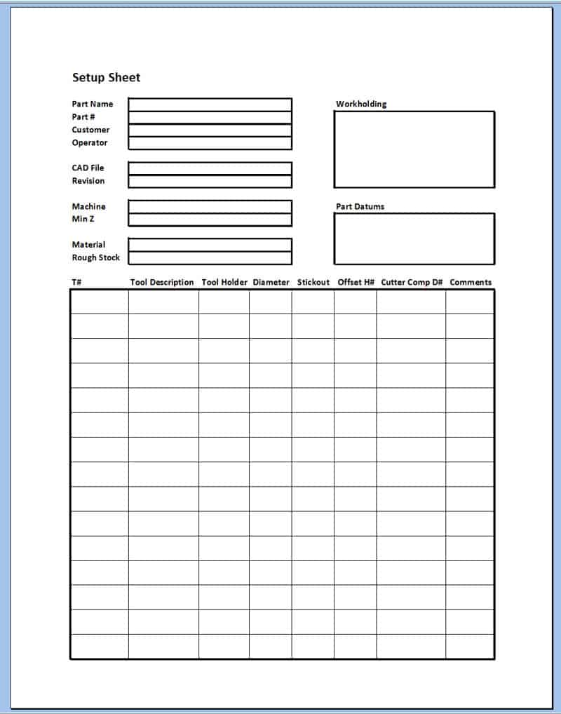 Machining setup sheet with organized fields for part info, workholding, machine settings, and tooling.