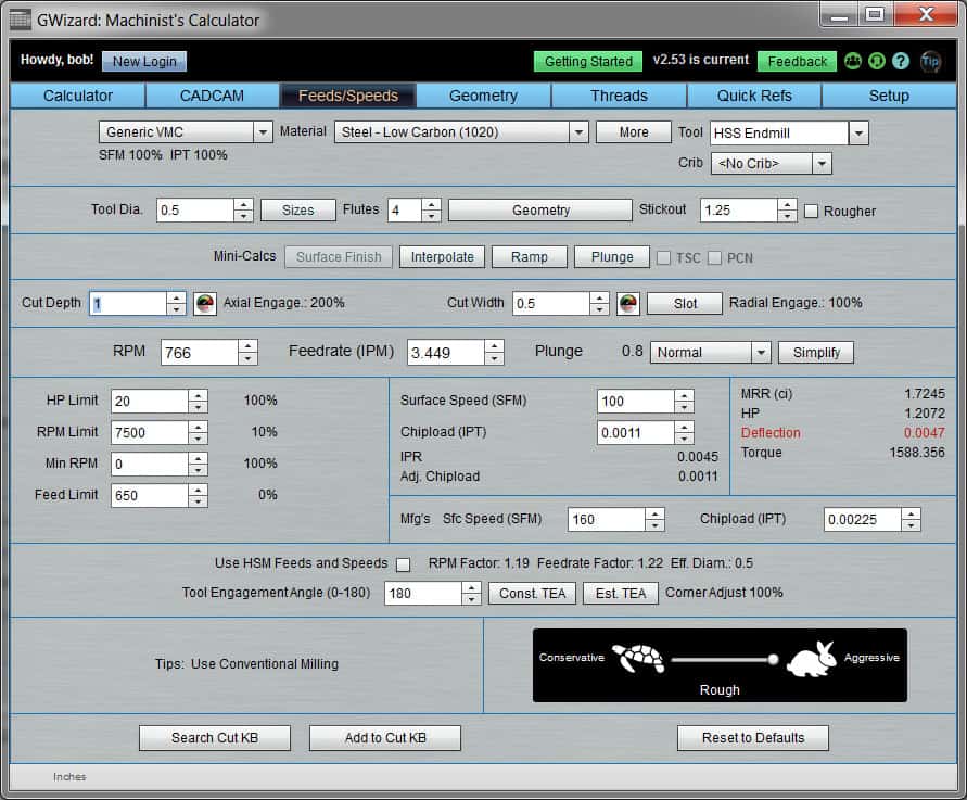GWizard Machinist's Calculator tool screenshot from CNCCookbook.com website.