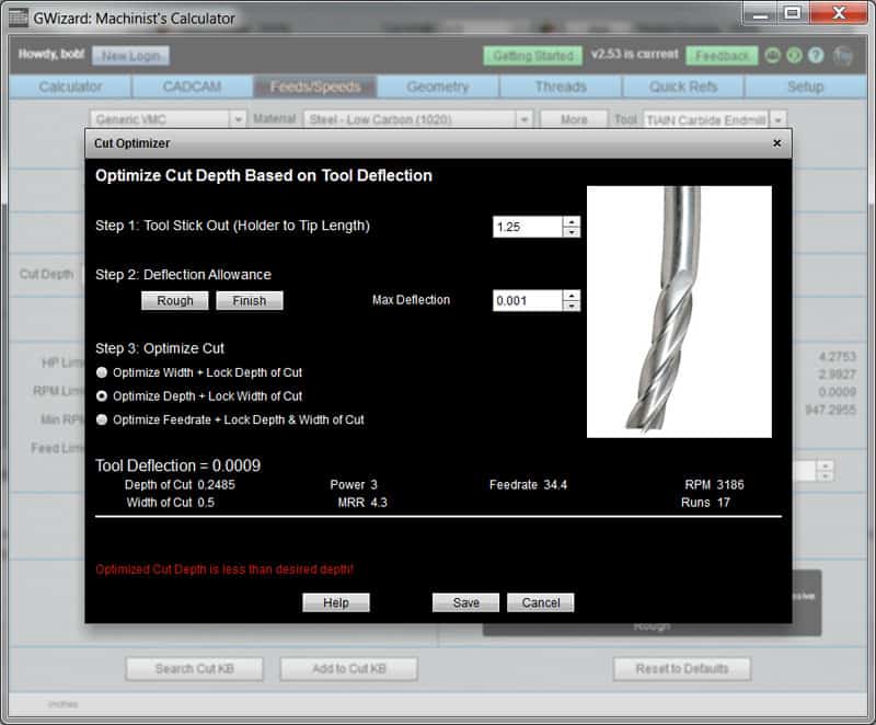 CNCCookbook.com Cut Optimizer page with gray box, tables, and save button on light gray background.