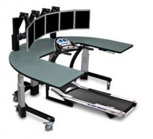 Large, curved desk with built-in electric treadmill and modern workspace features.