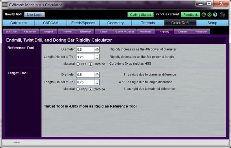 Purple background online machining calculator with tabs and data entry fields.