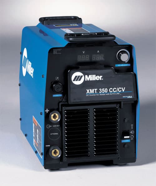 Blue Miller XMT 350 CC/CV welding machine with digital display screen and brand logo.