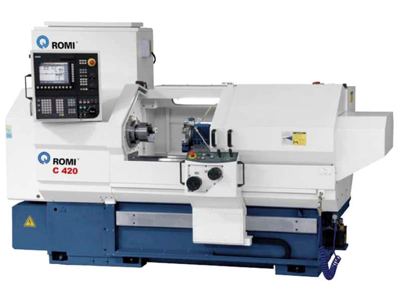 Romi C420 CNC lathe, white and blue color scheme, control panel, large bed.