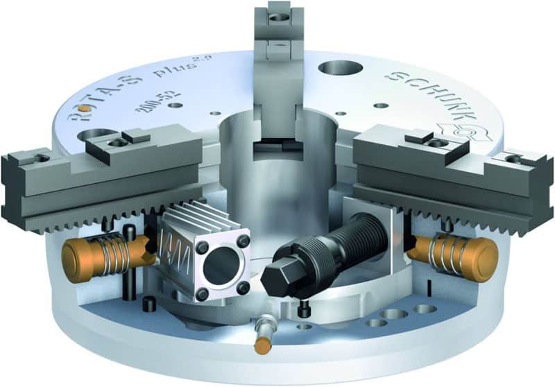 Lathe chuck with adjustable jaws for securing workpieces.
