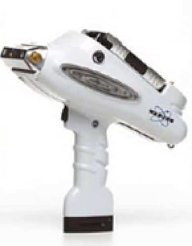 White handheld device with oval-shaped sensor and small black button on a light gray background.