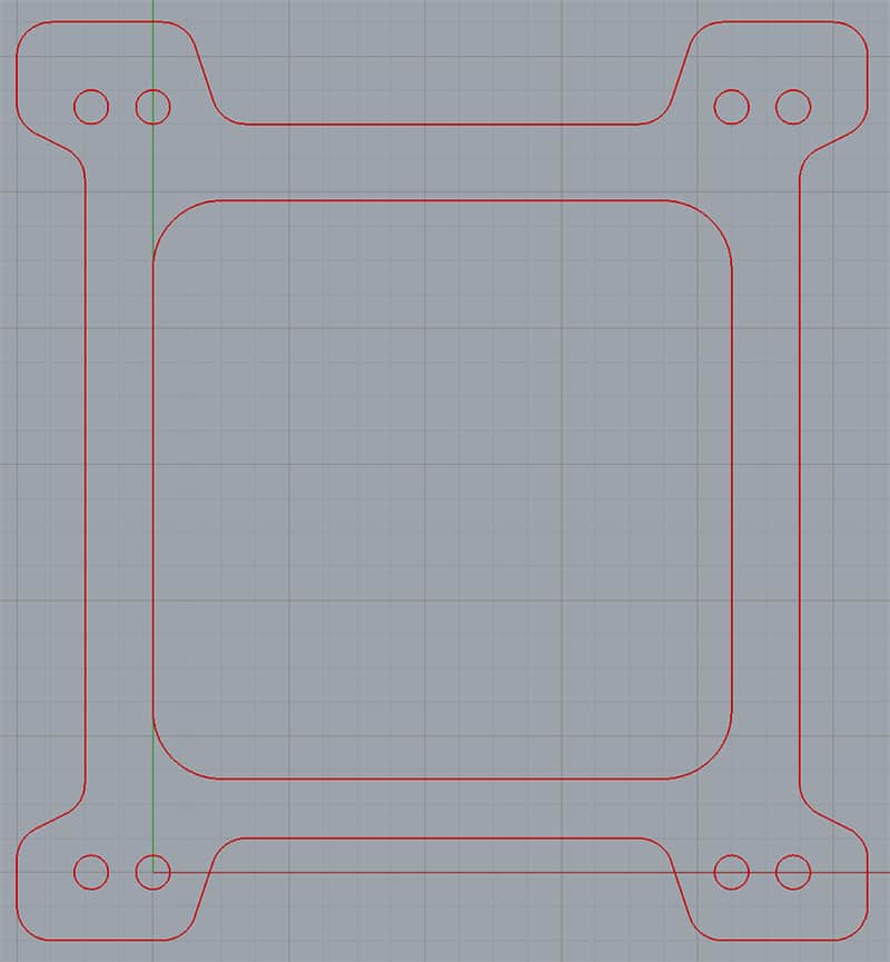 Technical illustration of a rectangular shape with rounded corners and cutouts.