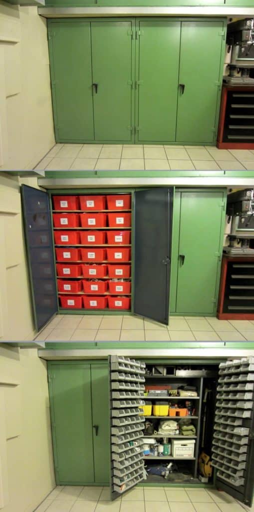 Storage room with green lockers and red bins.