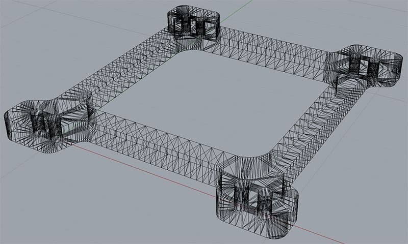 A black-and-white 3D wireframe model of two interconnected U-shaped brackets.