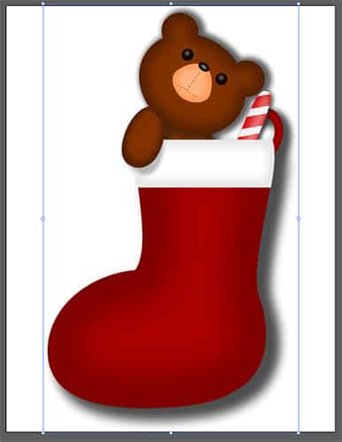 Cartoon-style red Christmas stocking with teddy bear and orange object inside.