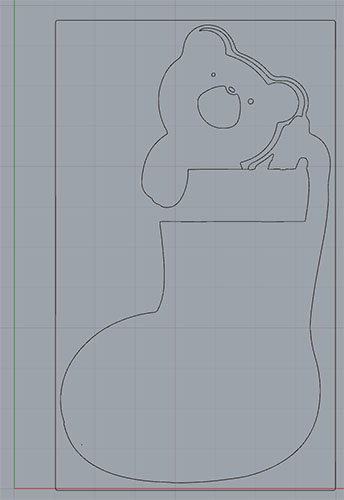 A simple line drawing of a Christmas stocking with a teddy bear's head peeking out.