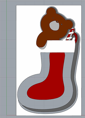 Red Christmas stocking with grey cuff and brown teddy bear peeking out.