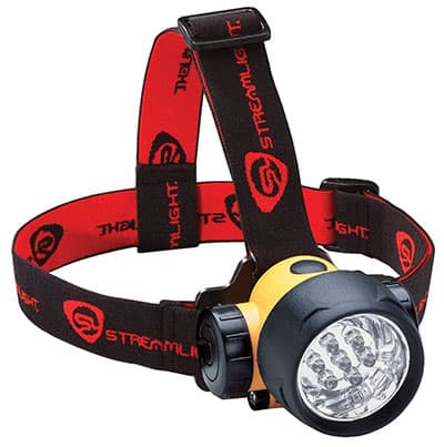 Streamlight LED headlamp with logo and red strap.