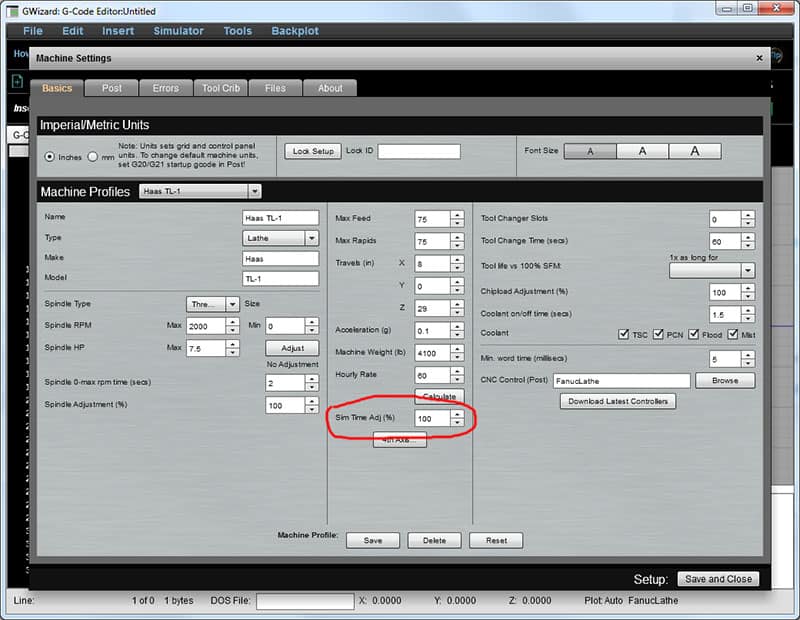 Computer program screenshot displaying simulation time settings page with Imperial/Metric units and customization options.