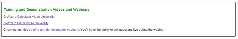 CNCCookbook website screenshot with links to G-Wizard Calculator Video University and Editor Video University training pages.
