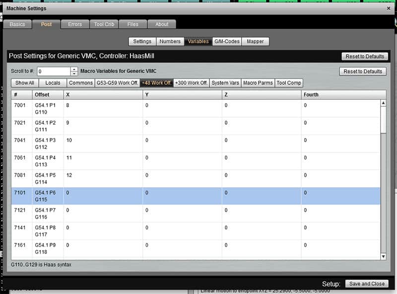 Generic VMC machine configuration settings table