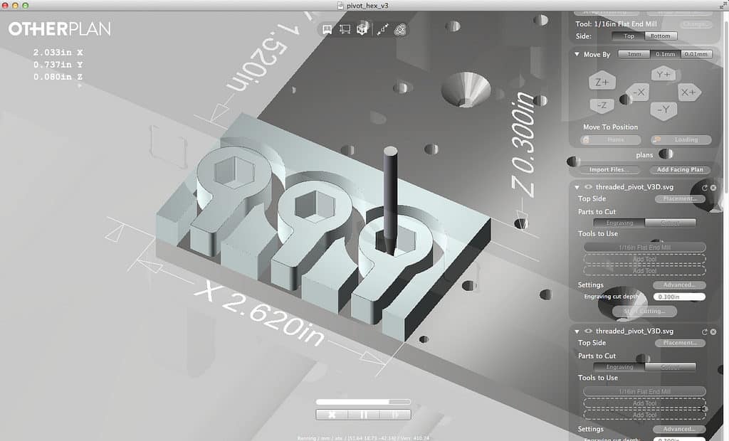 CNC machining software interface with toolbars and settings.