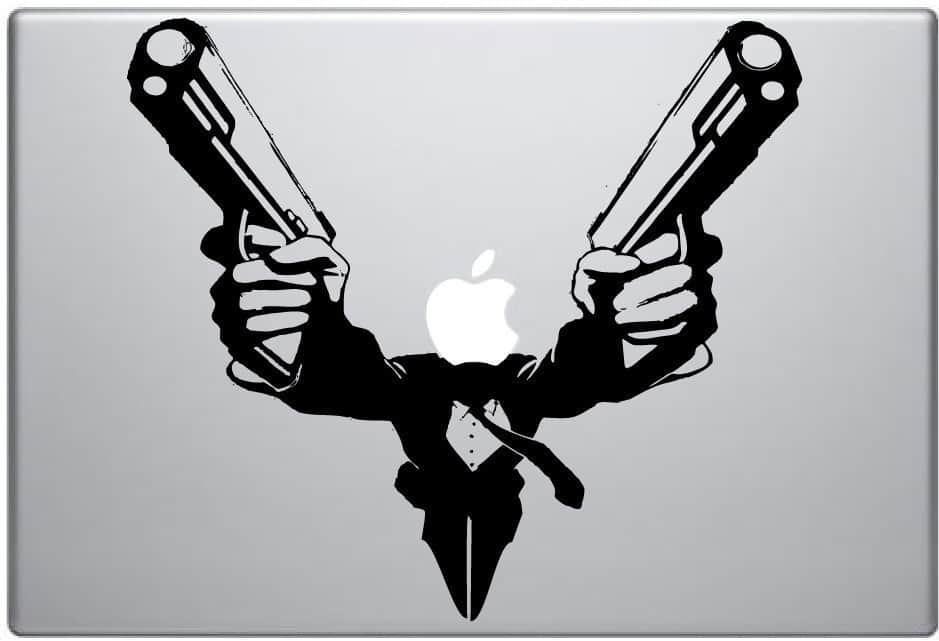 Two hands holding guns with Apple logo centered on gray background.