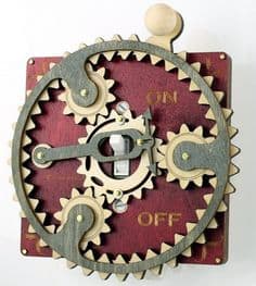 Red light switch with a gear design and ON/OFF arrows.