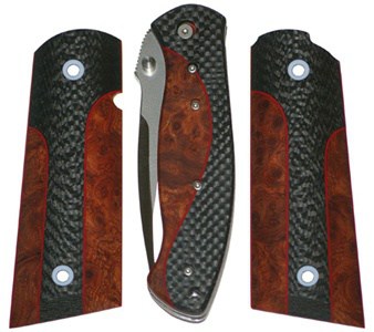 Black folding knife with carbon fiber handle, burl wood accents, stainless steel serrated blade, thumb stud, and textured grip.