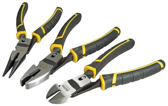 Dark gray Stanley pliers cutters with yellow stripes.