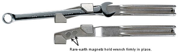 Wrench extender with rare-earth magnets on end of arms.