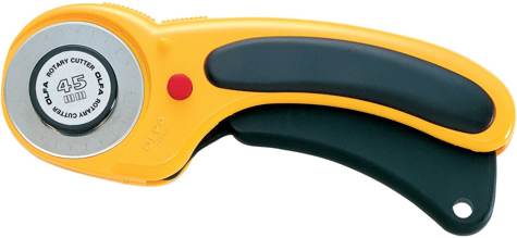 Rotary cutter with yellow and black handle, silver blade, and red button.