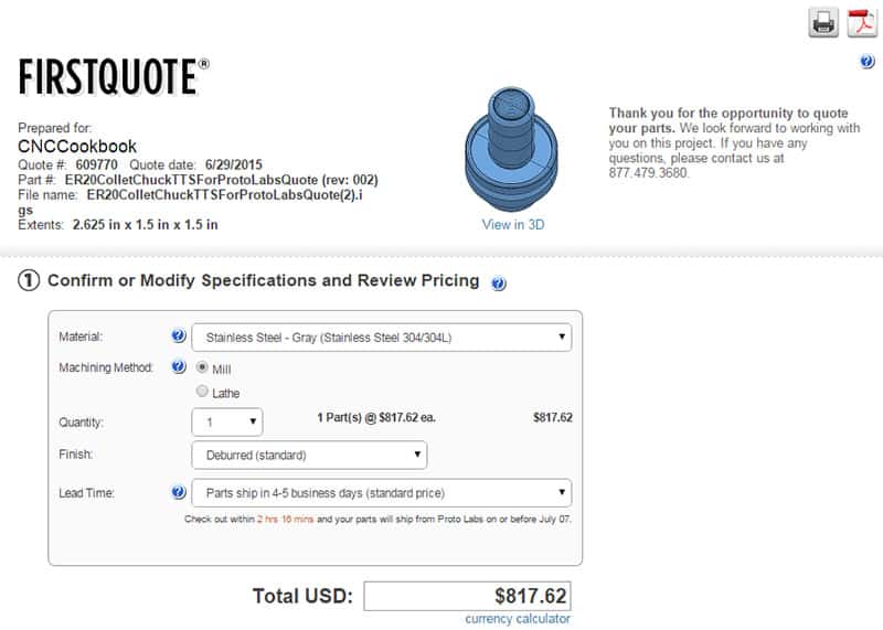 Proto Labs quote for ER20 Collet Chuck TTS with stainless steel parts and $817.62 price.