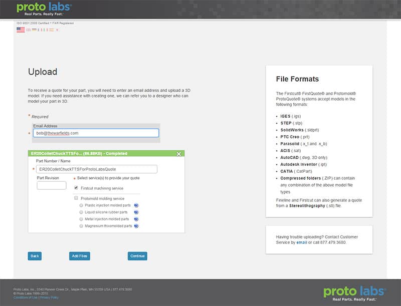 Proto Labs online quote tool screenshot with "Upload" and "File Formats" sections.