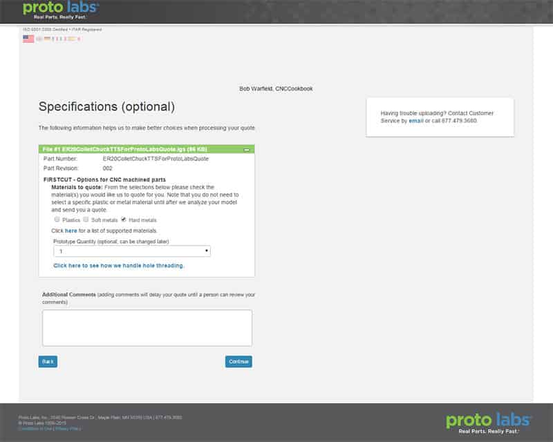 Proto Labs ER20TTS CNC machining website screenshot with company logo, black text on white background, blue accents and green input fields.